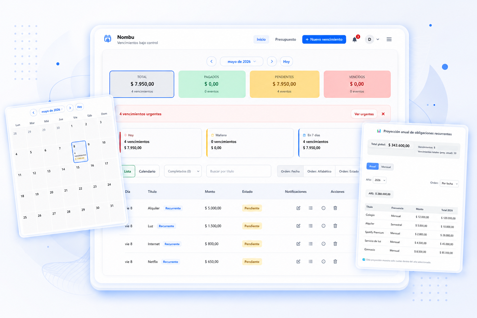 Tablero de Nombu con recordatorios de pagos, alertas de vencimientos y avisos de servicios y suscripciones